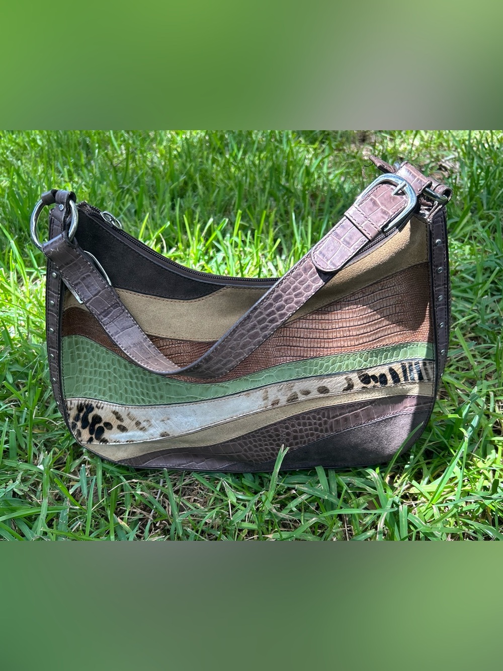Vintage Sharif Women's Multi-Texture Patchwork Hobo Bag in Brown, Green & Cream